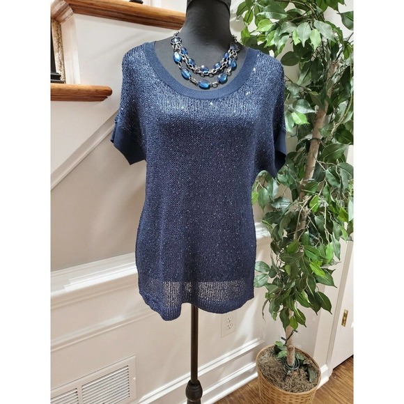 Ellen Tracy Women's Blue Polyester Scoop Neck Short Sleeve Casual Shirt Size M - Picture 1 of 11